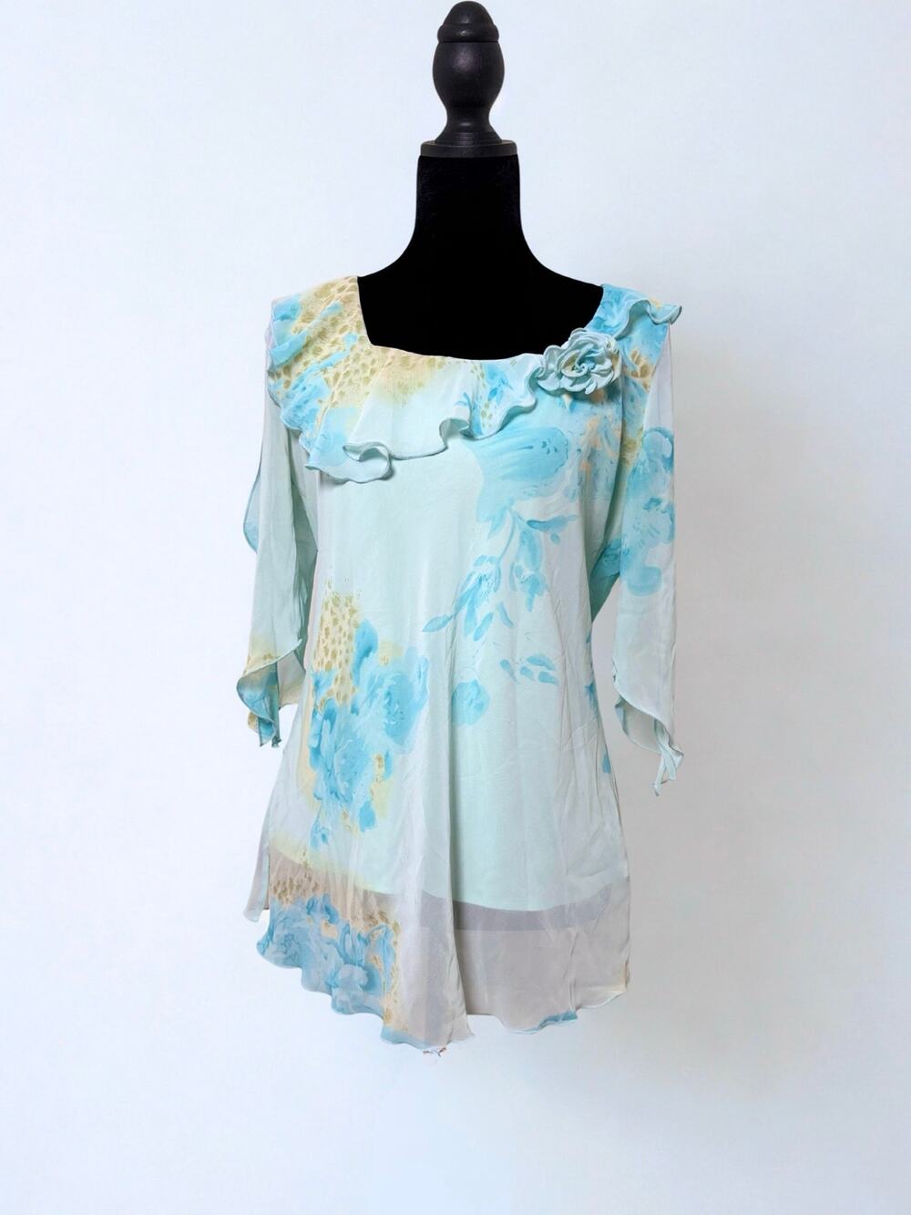 Vtg Y2K ID Collection Blue Green Watercolor Print Fairycore Blouse Size M
